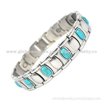 Magnetic Stainless Steel Bracelets with Bio-healthy Elements and 11pcs of Blue Synthetic Stones